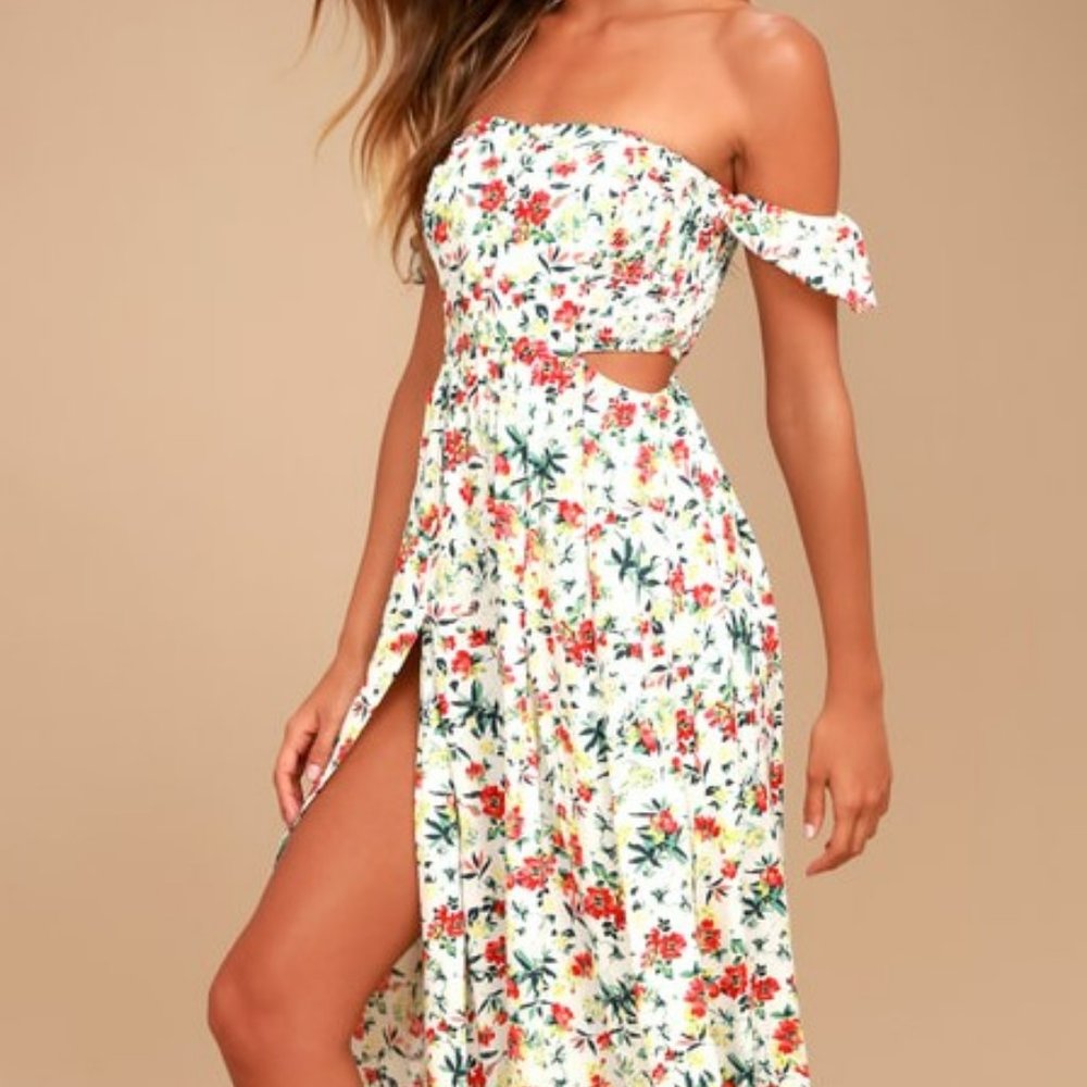 Cream Floral Print Off-the-Shoulder Maxi Dress